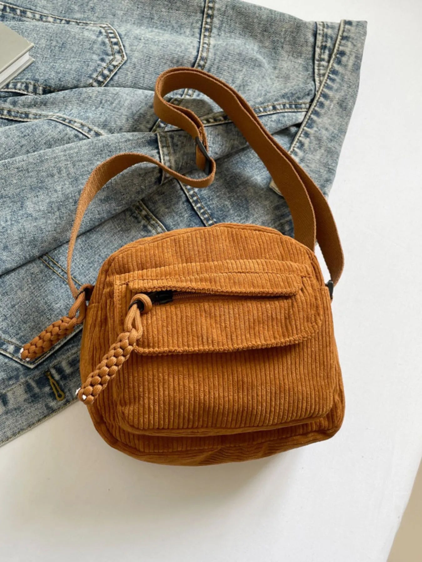 Corduroy Crossbody Bag with Adjustable Strap - Bubblesandpetals