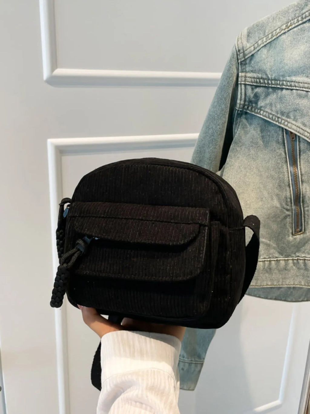 Corduroy Crossbody Bag with Adjustable Strap - Bubblesandpetals