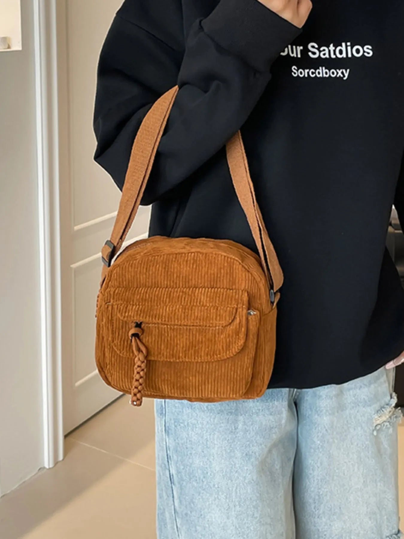 Corduroy Crossbody Bag with Adjustable Strap - Bubblesandpetals