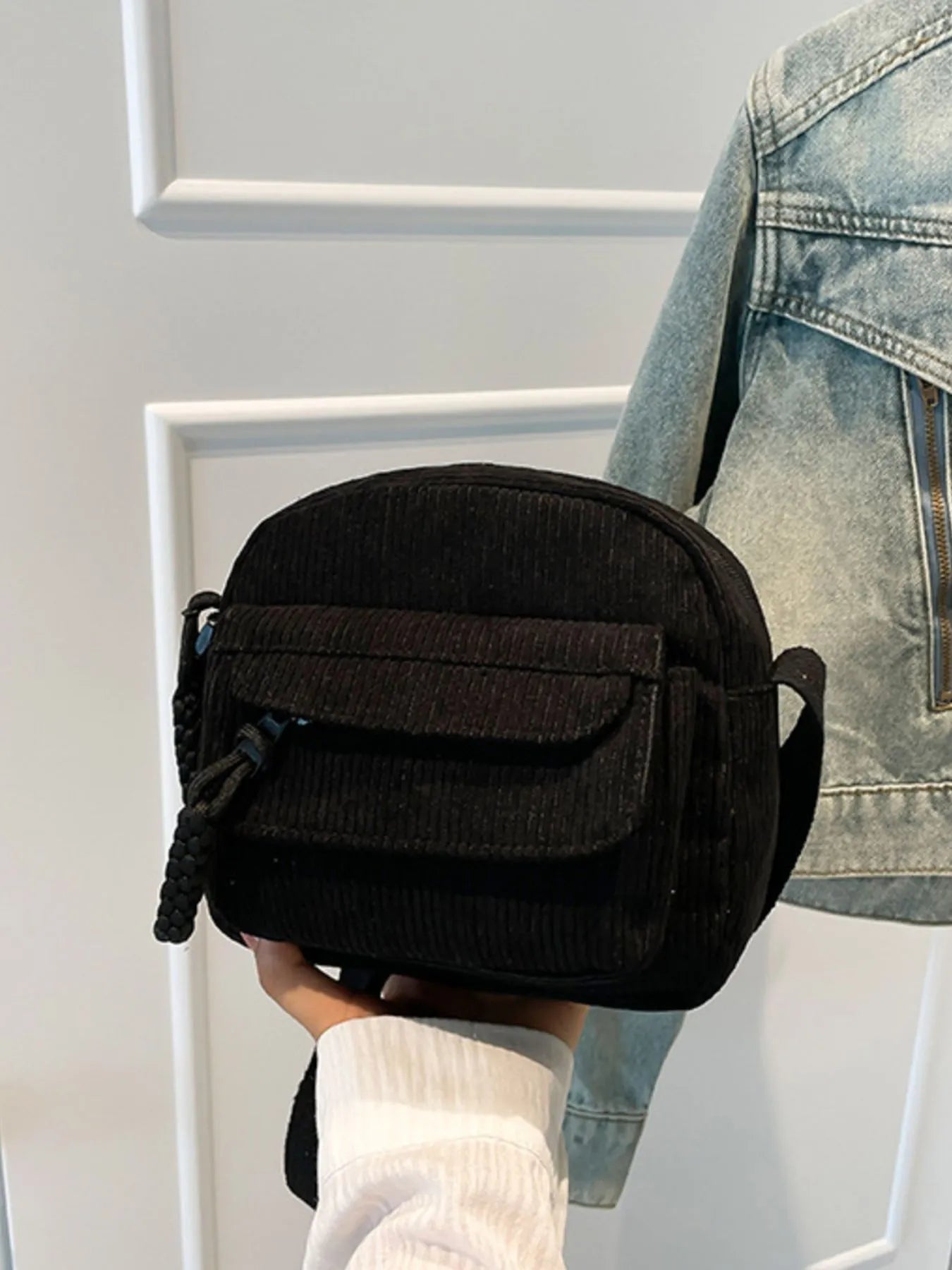 Corduroy Crossbody Bag with Adjustable Strap - Bubblesandpetals
