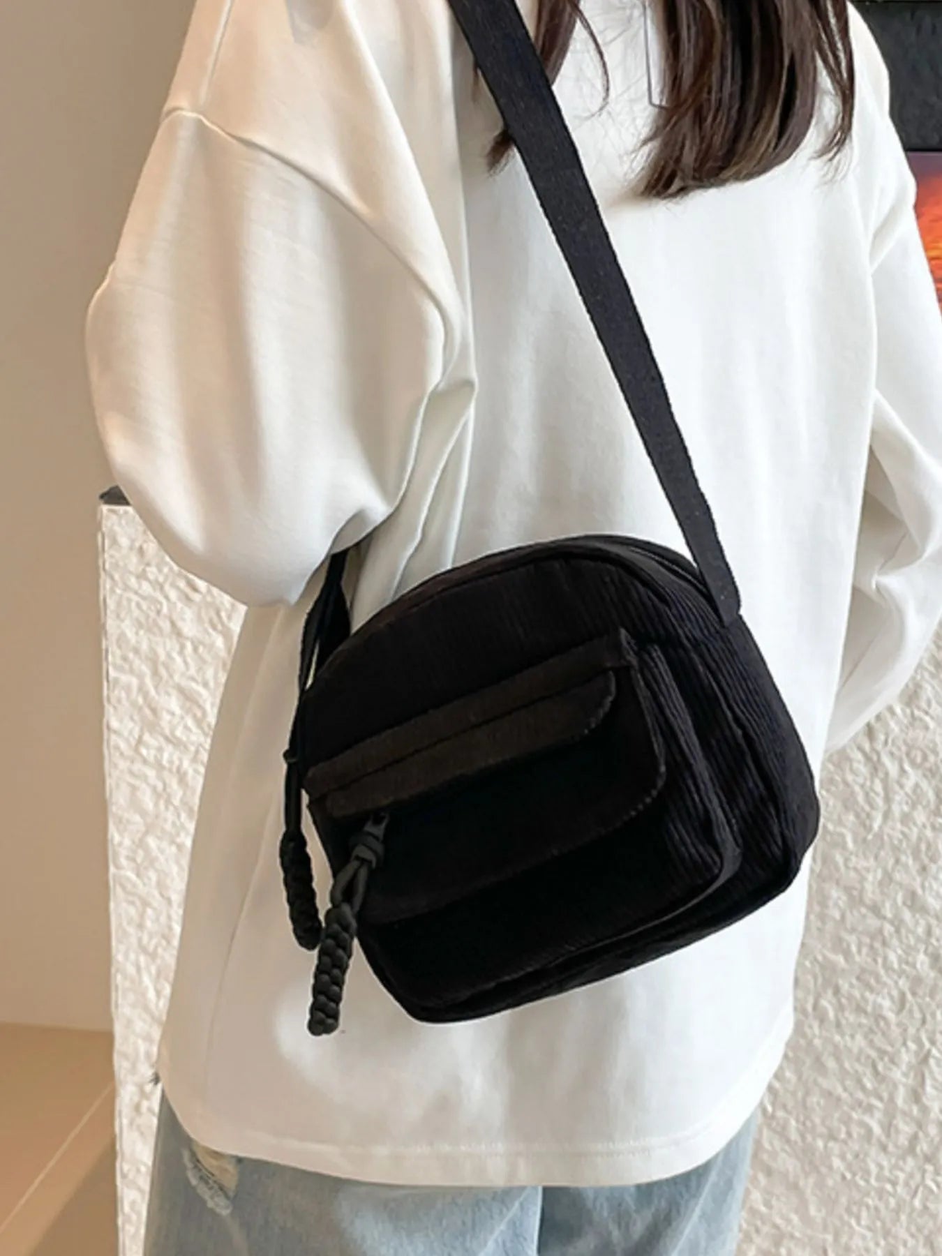 Corduroy Crossbody Bag with Adjustable Strap - Bubblesandpetals