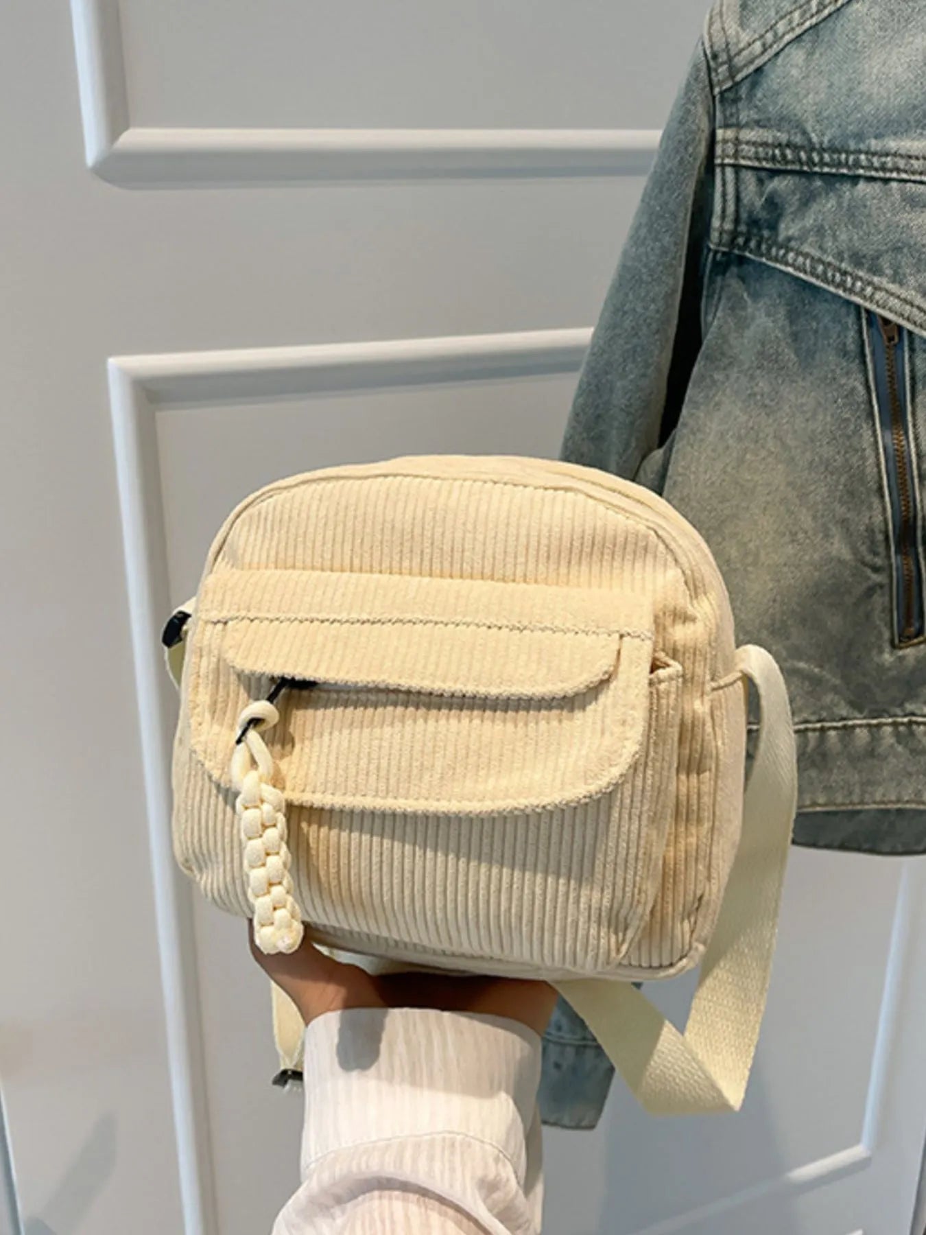Corduroy Crossbody Bag with Adjustable Strap - Bubblesandpetals