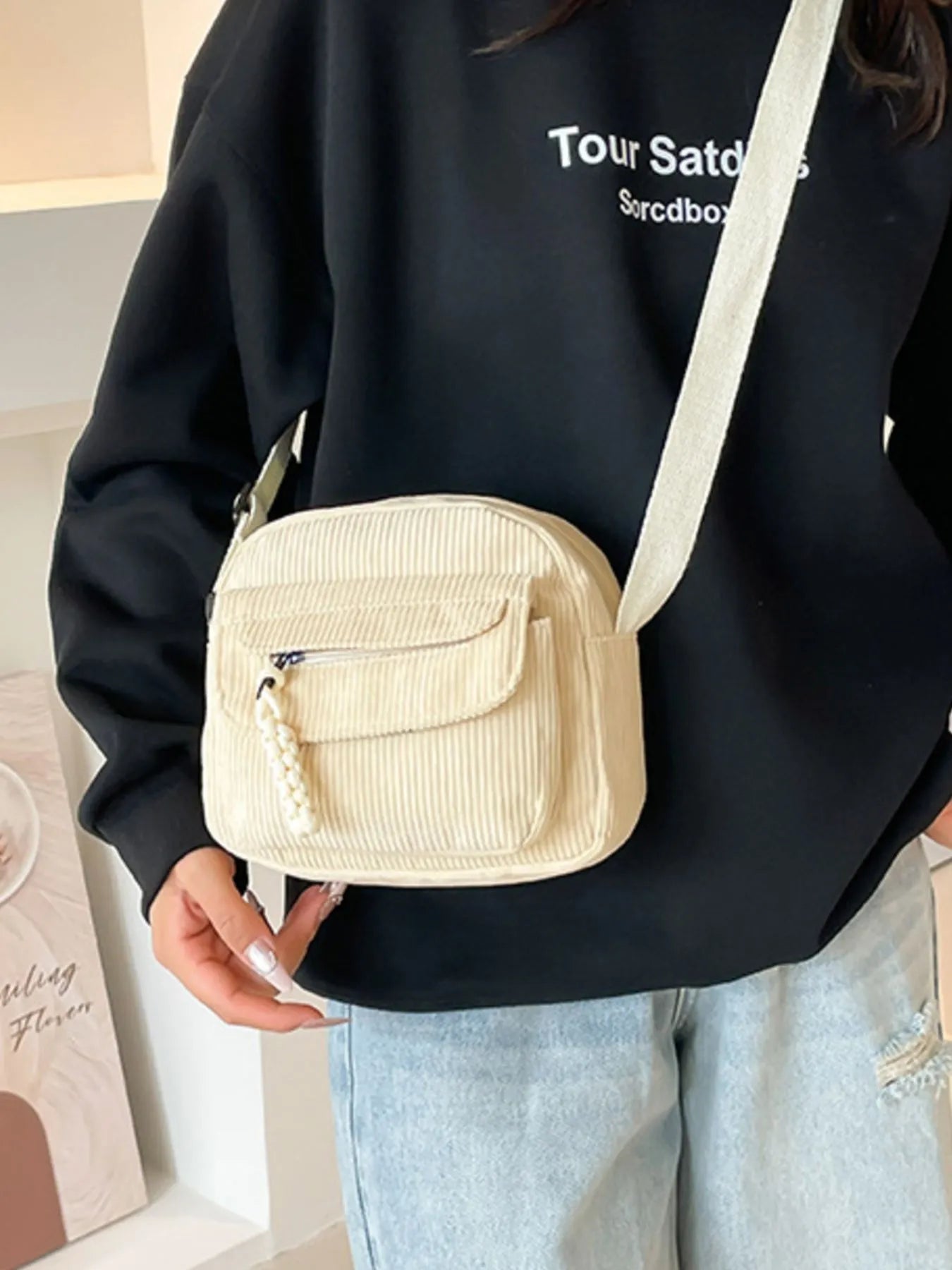 Corduroy Crossbody Bag with Adjustable Strap - Bubblesandpetals