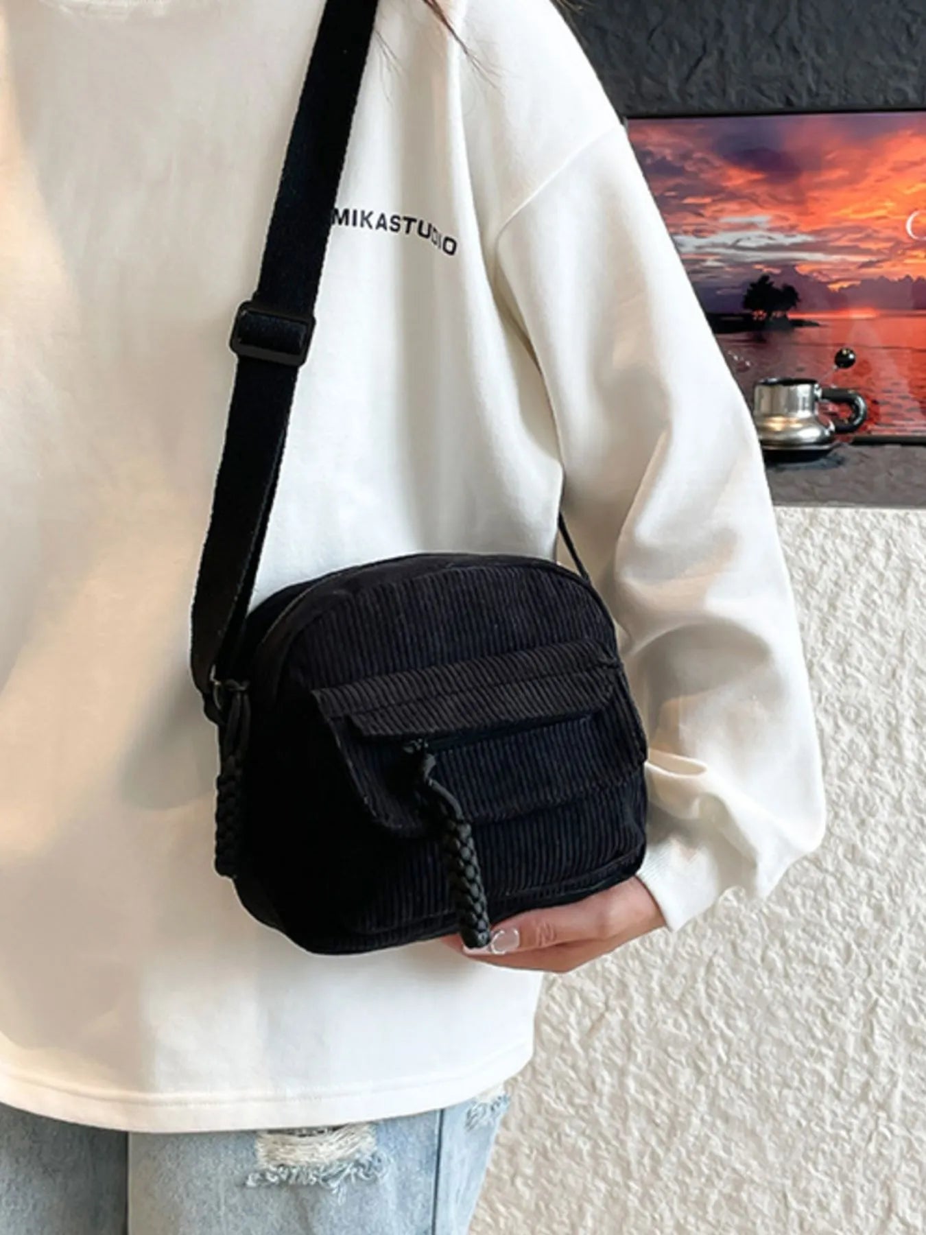 Corduroy Crossbody Bag with Adjustable Strap - Bubblesandpetals