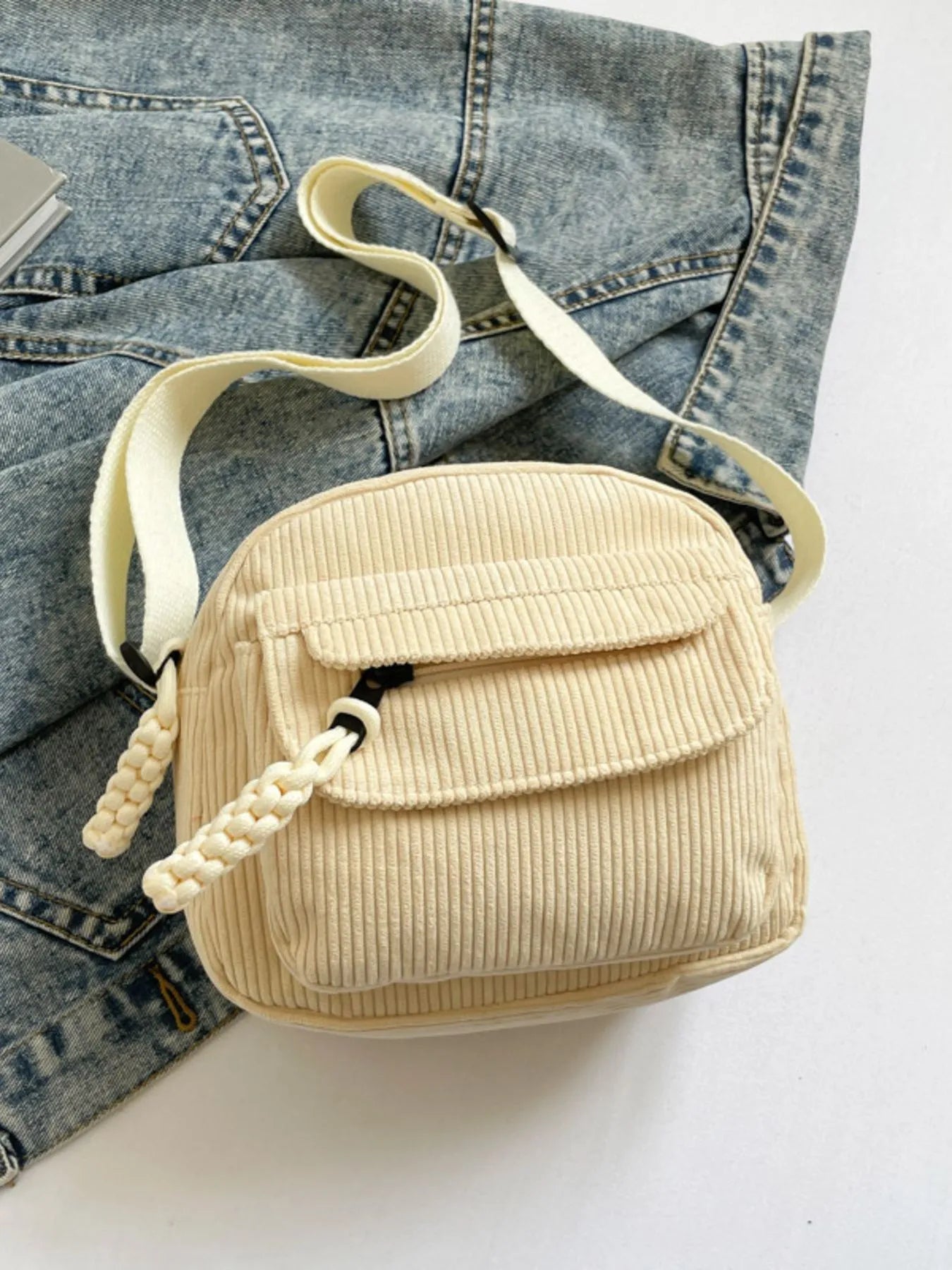 Corduroy Crossbody Bag with Adjustable Strap - Bubblesandpetals
