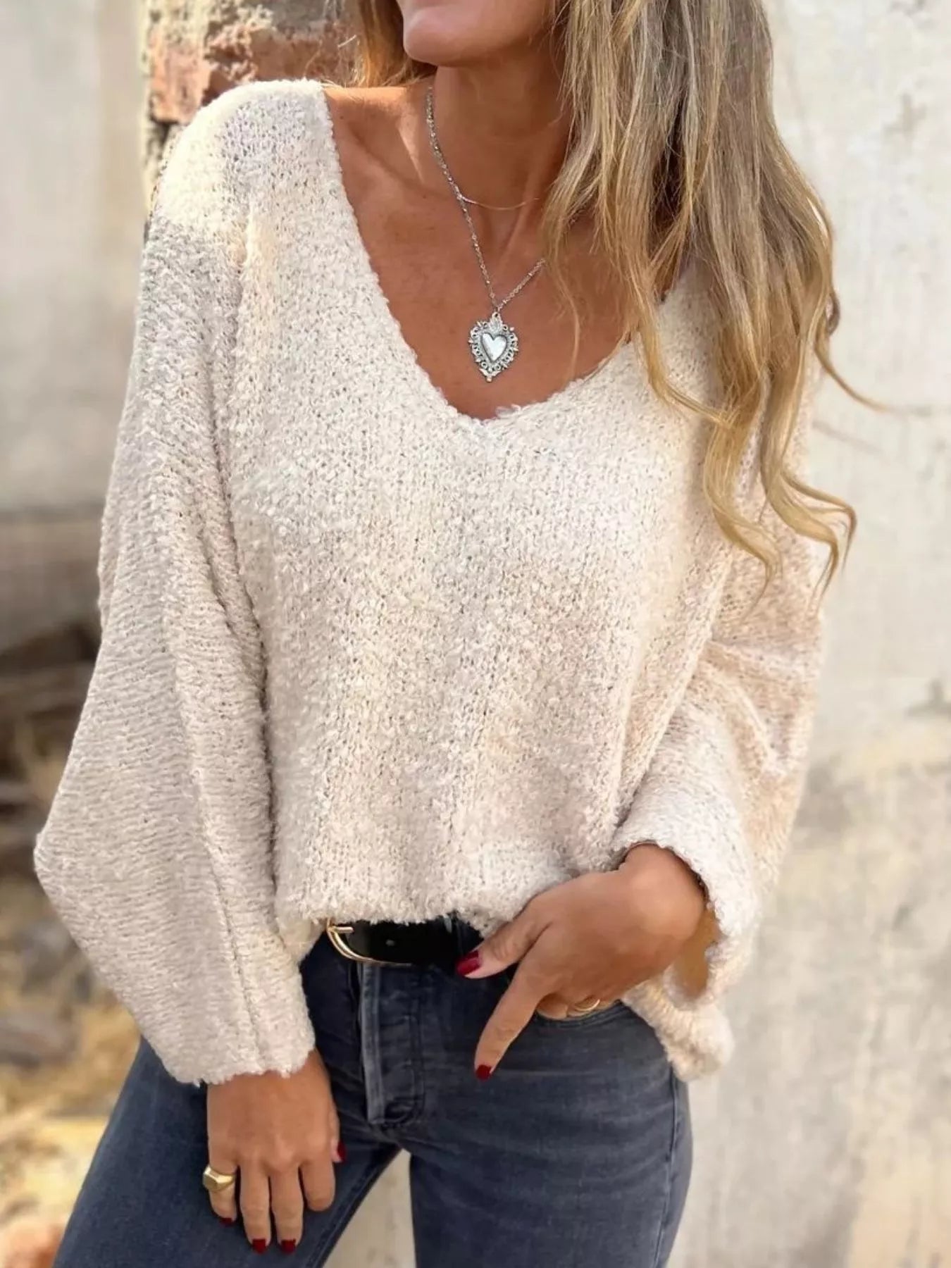 Full Size V - Neck Long Sleeve Sweater Plus Size - Bubblesandpetals