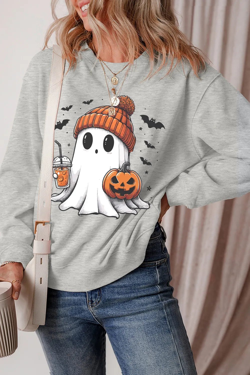 Ghost Round Neck Long Sleeve Sweatshirt - Bubblesandpetals