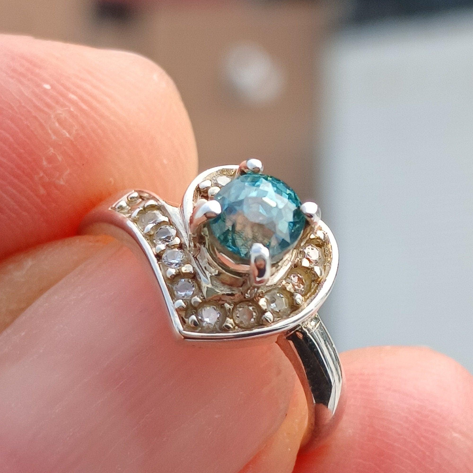 Blue Zircon Ring, Handmade silver ring, Gemstone Silver Ring, Solitaire Ring, heart shaped ring, oval Cut Blue Zircon and 11 CZ - Size 4.75-4
